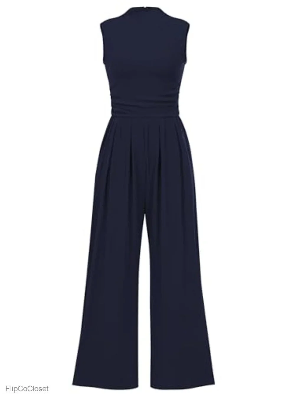 Sleeveless Wide Leg Jumpsuit with Pockets Ribbed Knit Mock Neck Dressy Summer